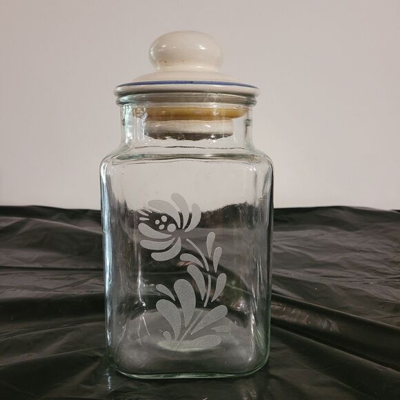 Pfaltzgraff Yorktown Blue Flower etched glass canister 9 3/4in w/lid flour - Picture 1 of 9